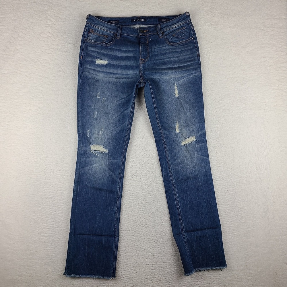 Vigoss Jeans Womens 31x26 Blue The Jagger Straight Distress Fray Dark Wash Denim